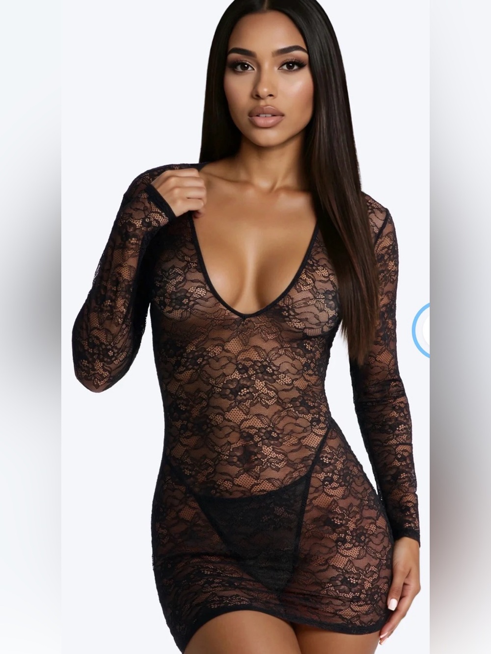 Lingerie - Keep Me In Lace - Long Sleeve Sheer Lace Slip Dress - Black - Size L